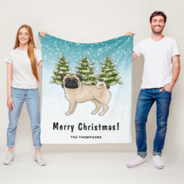 フォーン・パグ かわいい カートゥーン 犬 雪の 森 フリースブランケット