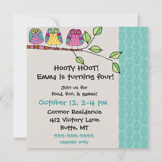 フカスタムォトフカラフルォウルズ誕生日招待状 招待状 (裏面)