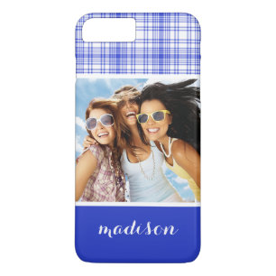 フカスタムォト&ネームブルーホワイトプレイド2 iPhone 8 PLUS/7 PLUSケース