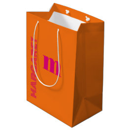 フクシアとオレンジのカスタムイニシャル名モダン ミディアムペーパーバッグ