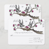 フクシアとグレーのヴィンテージ鳥の結婚式招待状 出欠カード (正面/裏面)