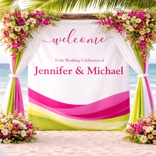 フクシアとライムグリーンの結婚式サイン タペストリー