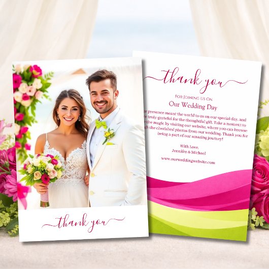 フクシアとライムグリーンの結婚式サンクスカード サンキューカード