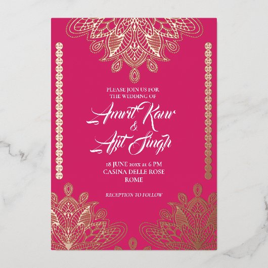 フクシアの抽象的なフィリグリー 箔招待状 (正面)