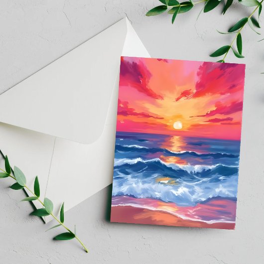 フクシアの海岸の夕焼け | 海の波の水彩カード