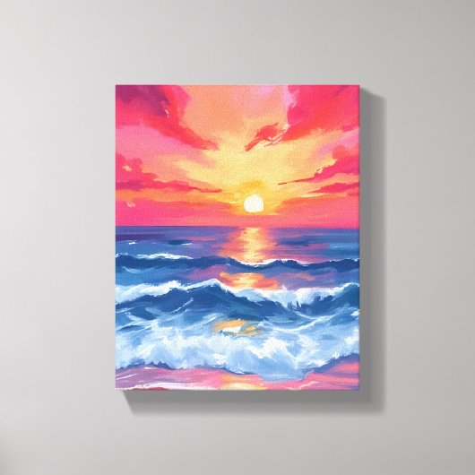 フクシアの海岸の夕焼け | 海の波の水彩画 キャンバスプリント (正面)