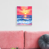 フクシアの海岸の夕焼け | 海の波の水彩画 キャンバスプリント (インサイチュ (リビング))