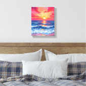 フクシアの海岸の夕焼け | 海の波の水彩画 キャンバスプリント (インサイチュ (寝室))