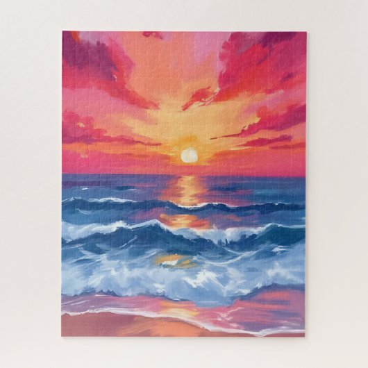 フクシアの海岸の夕焼け | 海の波の水彩画 ジグソーパズル (縦)