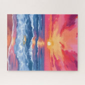 フクシアの海岸の夕焼け | 海の波の水彩画 ジグソーパズル (横)