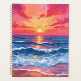 フクシアの海岸の夕焼け | 海の波の水彩画 プランナー手帳