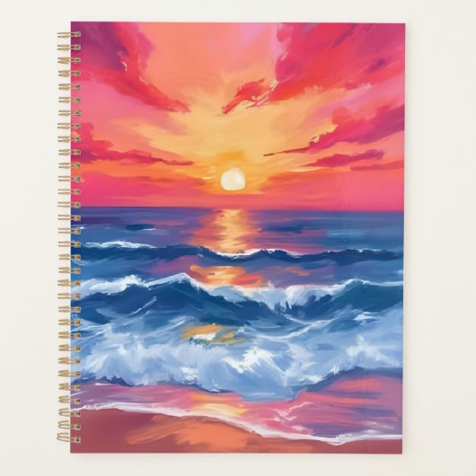 フクシアの海岸の夕焼け | 海の波の水彩画 プランナー手帳 (正面)