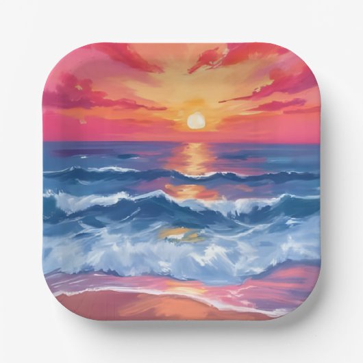 フクシアの海岸の夕焼け | 海の波の水彩画 ペーパープレート (正面)
