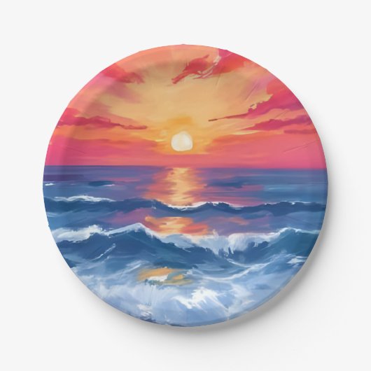 フクシアの海岸の夕焼け | 海の波の水彩画 ペーパープレート (正面)