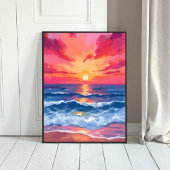 フクシアの海岸の夕焼け | 海の波の水彩画 ポスター