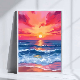 フクシアの海岸の夕焼け | 海の波の水彩画 ポスター