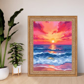 フクシアの海岸の夕焼け | 海の波の水彩画 ポスター