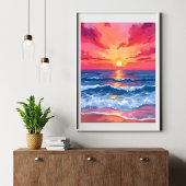 フクシアの海岸の夕焼け | 海の波の水彩画 ポスター