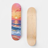 フクシアの海岸の夕焼け | 海の波 水彩画 スケートボード (正面)