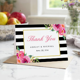 フクシアパープルレッドフラワーブラックストライプサンキュー サンキューカード