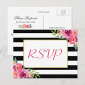 フクシアパープルレッド フラワーロゴ ゴールド ウェディング RSVP 返信 インビテーションポストカード (正面/裏面)