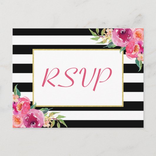フクシアパープルレッド フラワーロゴ ゴールド ウェディング RSVP 返信 インビテーションポストカード (正面)