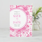 フクシアピンクのシノワズリーデザインの結婚式のSave the Date 招待状 (スタンド正面)