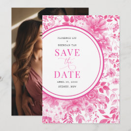 フクシアピンクのシノワズリーデザインの結婚式のSave the Date 招待状