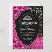 フクシアピンクのバラとシルバーの蝶のキンセアニエラ 招待状 (正面)