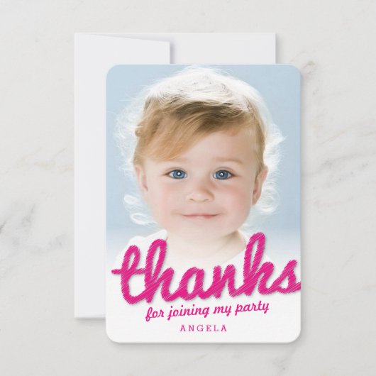 フクシアピンクの大きなスケッチありがとう子供の誕生日写真 サンキューカード (正面)