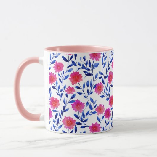 フクシアピンクの春の花 水彩植物画 マグカップ (左)