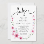 フクシアピンクの花の輪のカリグラフィー ベビーシャワー 招待状 (正面)