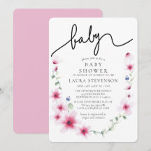 フクシアピンクの花の輪のカリグラフィー ベビーシャワー