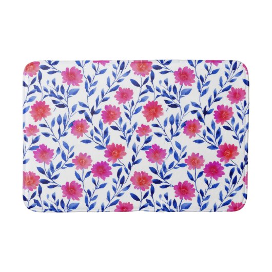 フクシアピンクの花の開花 ウォーターカラーボタニカル バスマット (正面)
