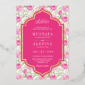フクシアピンクの花柄イスラム教徒の結婚式ゴールド 箔招待状 (正面)