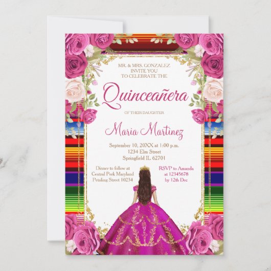 フクシアピンクプリンセスフラワーメキシコのQuinceanera 招待状 (正面)