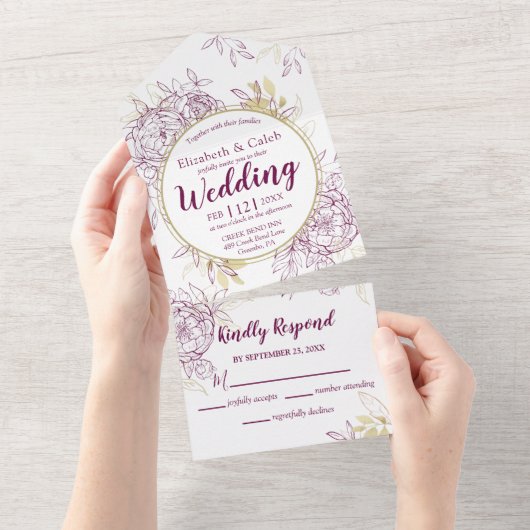 フクシアピンク&ゴールドの芍薬の花のトワル オールインワン オールインワン招待状 (貼ってはがせる)