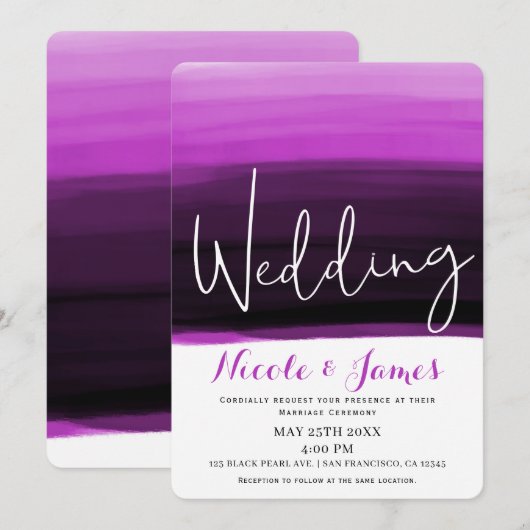 フクシアピンク ブラック ウォーターカラー モダン グラム ウェディング 招待状 (正面/裏面)