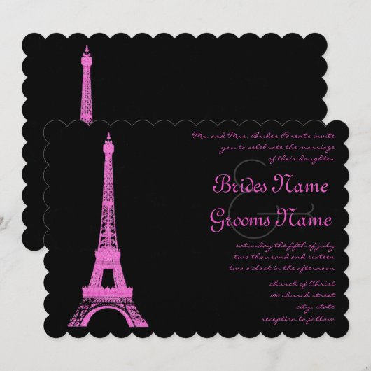 フクシア色のエiffel塔ウェディング招待状 招待状 (正面/裏面)