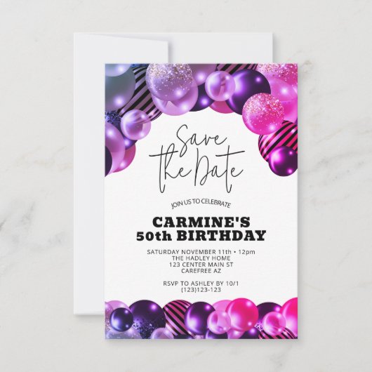 フクシア50歳の誕生日パーティーの日程を保存 招待状 (正面)