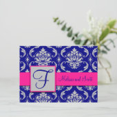 フクシア ネイビーブルー シルバー ダマスク セーブ・ザ・デート 1B 招待状 (スタンド正面)