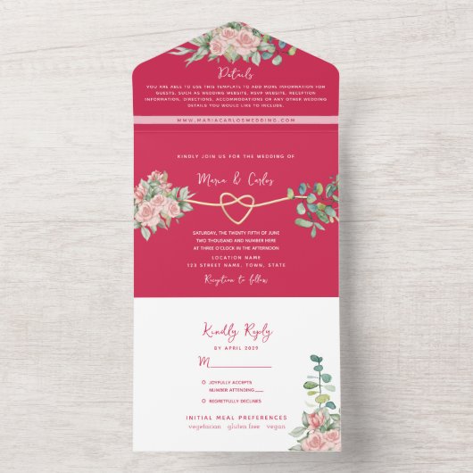 フクシア フローラル オールインワン ウェディング インビテーション + フォト (内側)