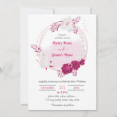 フクシア＆ホワイトの花のリースの結婚式 招待状 (正面)