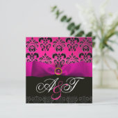 フクシア リボン ピンク パープル ブラック ダマスク モノグラム 招待状 (スタンド正面)
