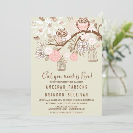 フクロウあなたが必要とするラブピンクフクロウ結婚式招待状 招待状 (スタンド正面)
