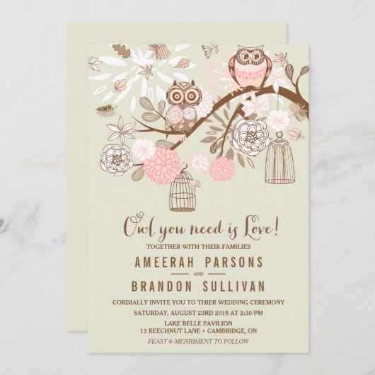 フクロウあなたが必要とするラブピンクフクロウ結婚式招待状 招待状 (正面/裏面)
