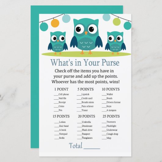 フクロウあなたの財布ゲームのベビーシャワーの中に何がある (正面/裏面)