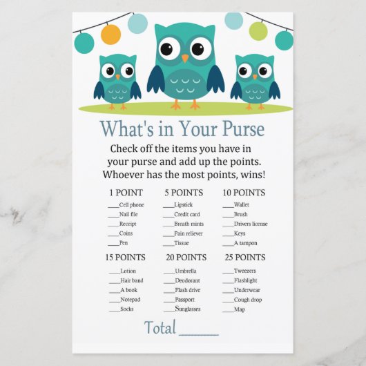 フクロウあなたの財布ゲームのベビーシャワーの中に何がある (正面)