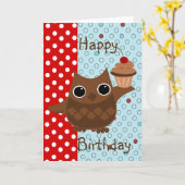 フクロウおよびカップケーキ カード (黄色い花)