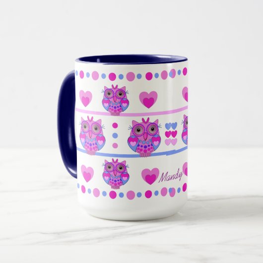 フクロウおよび名前のかわいく粋なマグ マグカップ (正面左)
